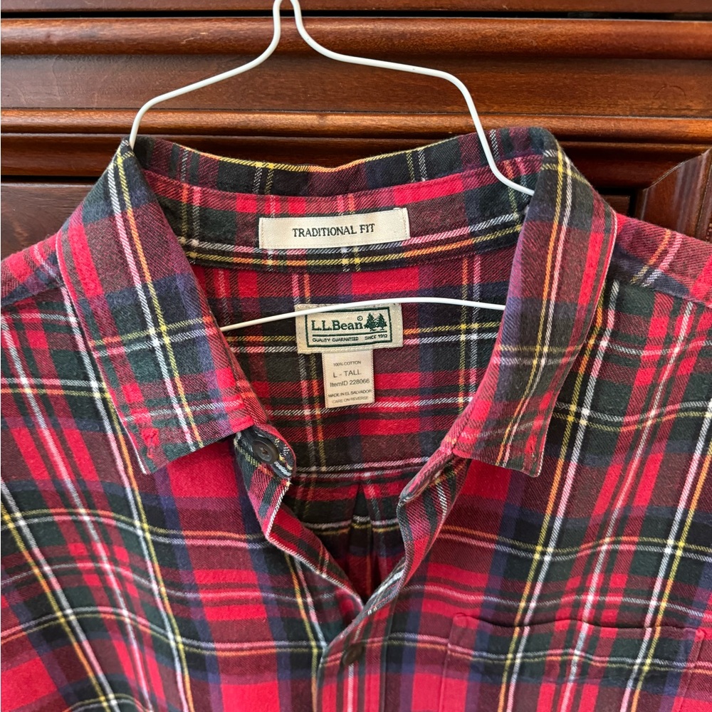 L.L. Bean button-down, long sleeve, cotton flannel, red plaid. Size L-Tall.